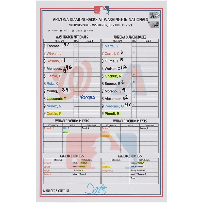 Washington Nationals Game-Used Lineup Card vs. Arizona Diamondbacks on June 19, 2024