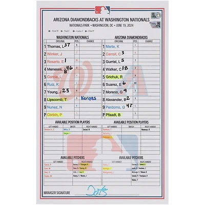  Washington Nationals Game-Used Lineup Card vs. Arizona Diamondbacks on June 19, 2024
