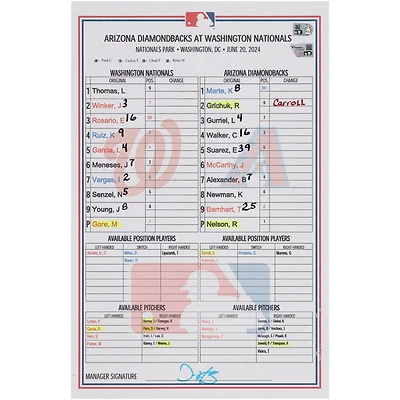  Washington Nationals Game-Used Lineup Card vs. Arizona Diamondbacks on June 20, 2024