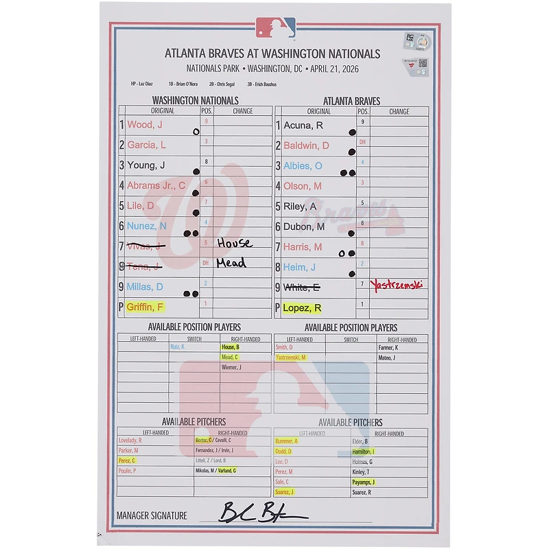 Washington Nationals Game-Used Lineup Card vs. Atlanta Braves on April 21, 2026