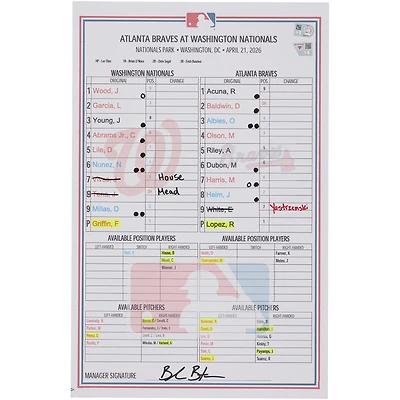 Washington Nationals Game-Used Lineup Card vs. Atlanta Braves on April 21, 2026
