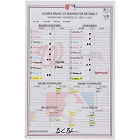 Washington Nationals Game-Used Lineup Card vs. Atlanta Braves on April 21, 2026