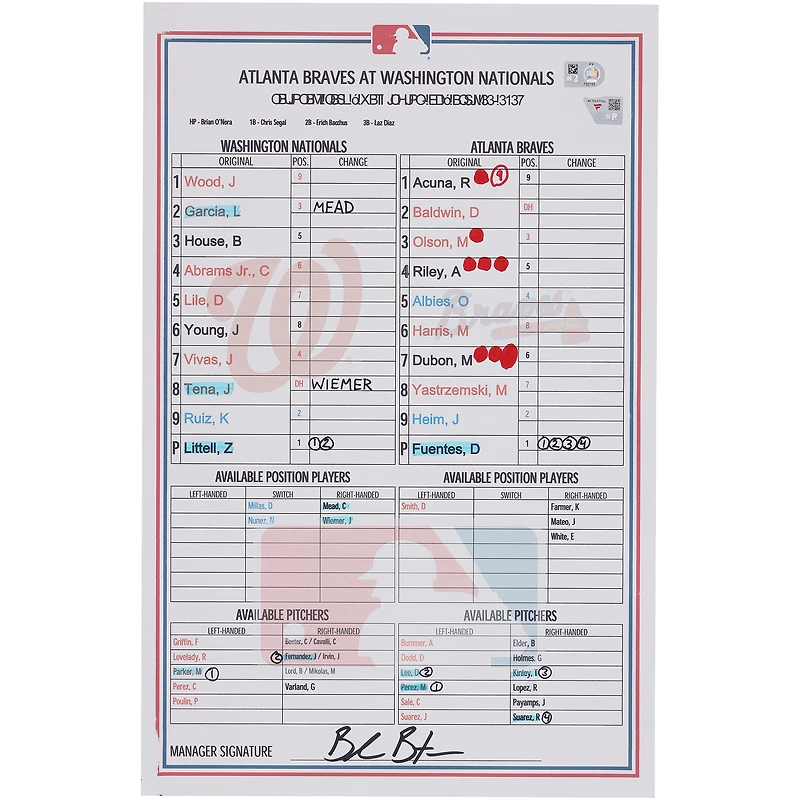 Washington Nationals Game-Used Lineup Card vs. Atlanta Braves on April 22, 2026