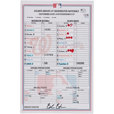 Washington Nationals Game-Used Lineup Card vs. Atlanta Braves on April 22, 2026