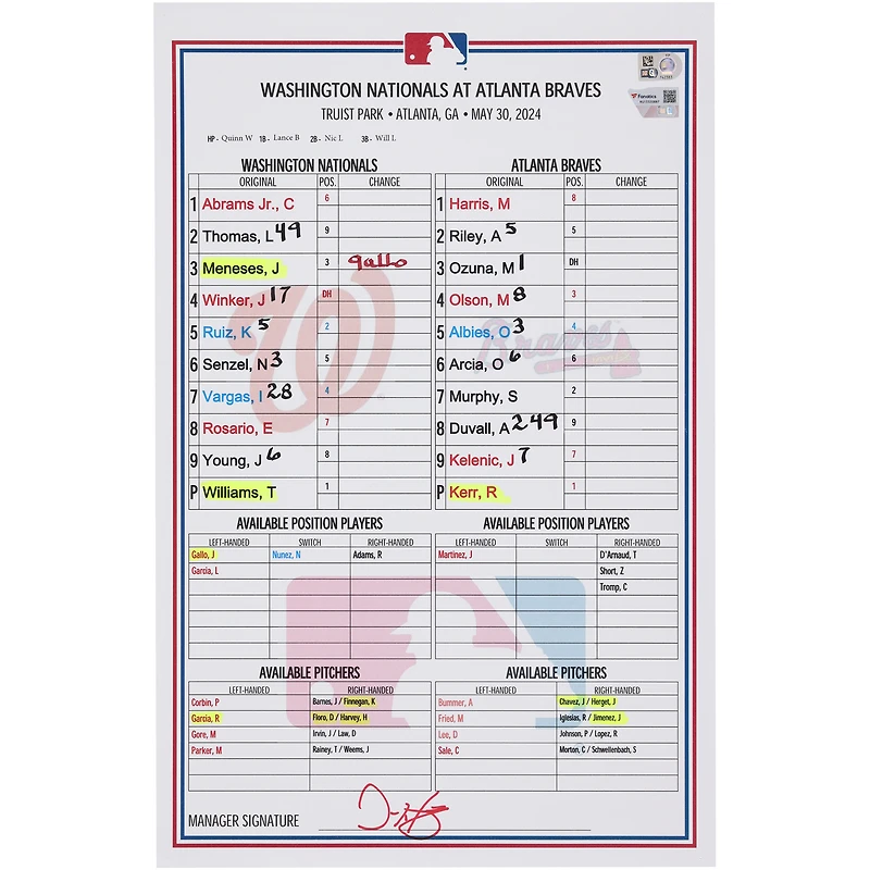  Washington Nationals Game-Used Lineup Card vs. Atlanta Braves on May 30, 2024