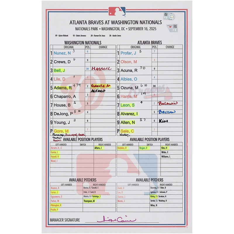 Carte de composition des Nationals de Washington contre les Braves d'Atlanta le 16 septembre 2025