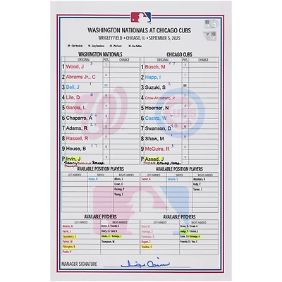 Carte de composition des équipes des Nationals de Washington contre les Cubs de Chicago