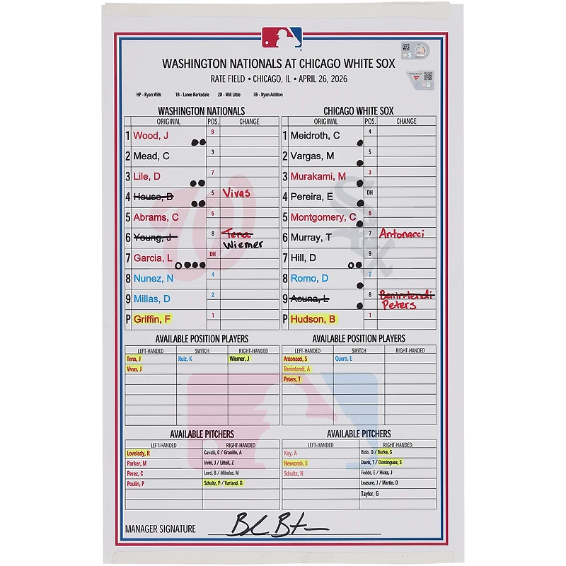 Washington Nationals Game-Used Lineup Card vs. Chicago White Sox on April 26, 2026