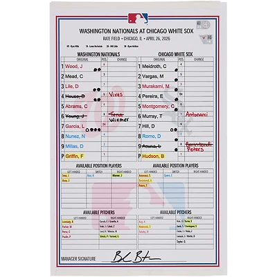 Washington Nationals Game-Used Lineup Card vs. Chicago White Sox on April 26, 2026