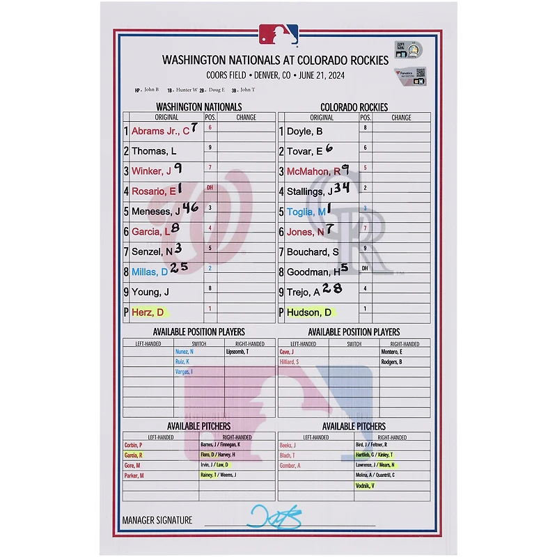 Washington Nationals Game-Used Lineup Card vs. Colorado Rockies on June 21, 2024
