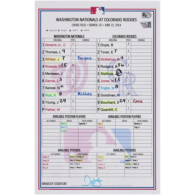 Washington Nationals Game-Used Lineup Card vs. Colorado Rockies on June 22, 2024