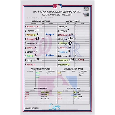  Washington Nationals Game-Used Lineup Card vs. Colorado Rockies on June 22, 2024
