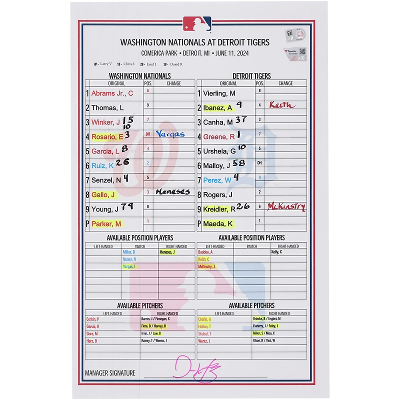  Washington Nationals Game-Used Lineup Card vs. Detroit Tigers on June 11, 2024