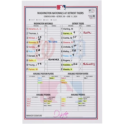  Washington Nationals Game-Used Lineup Card vs. Detroit Tigers on June 11, 2024