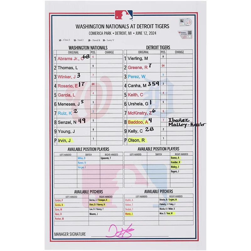  Washington Nationals Game-Used Lineup Card vs. Detroit Tigers on June 12, 2024
