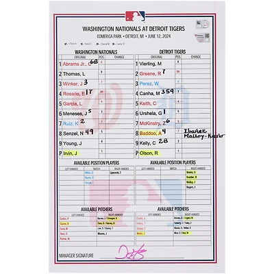  Washington Nationals Game-Used Lineup Card vs. Detroit Tigers on June 12, 2024