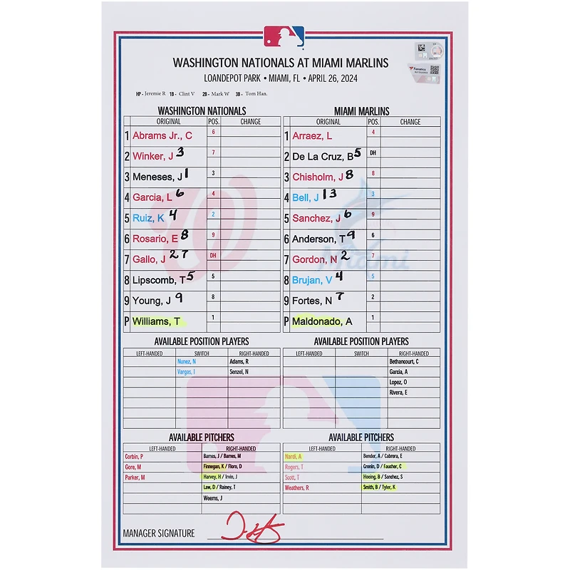  Washington Nationals Game-Used Lineup Card vs. Miami Marlins on April 26, 2024
