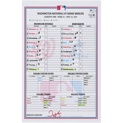  Washington Nationals Game-Used Lineup Card vs. Miami Marlins on April 26, 2024