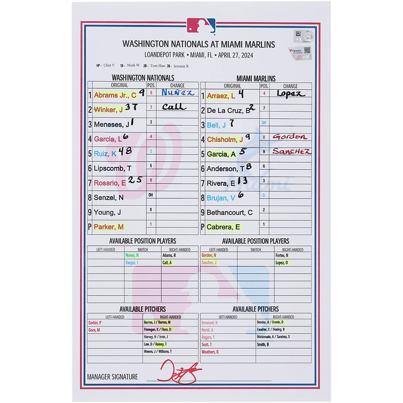  Washington Nationals Game-Used Lineup Card vs. Miami Marlins on April 27, 2024