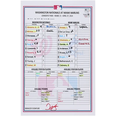  Washington Nationals Game-Used Lineup Card vs. Miami Marlins on April 27, 2024