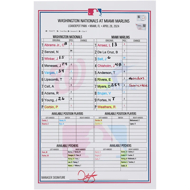  Washington Nationals Game-Used Lineup Card vs. Miami Marlins on April 28, 2024