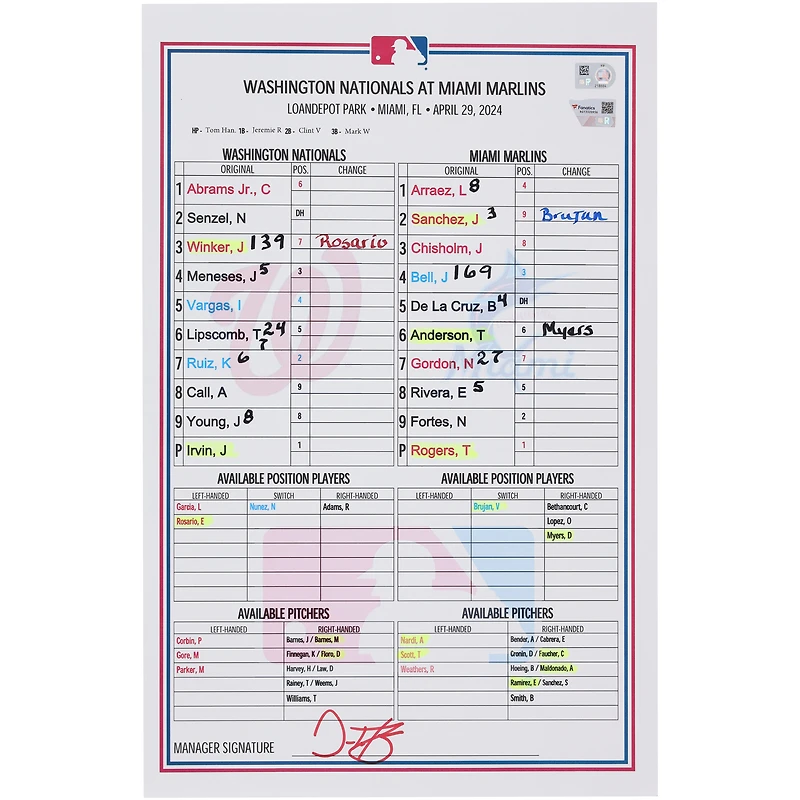  Washington Nationals Game-Used Lineup Card vs. Miami Marlins on April 29, 2024