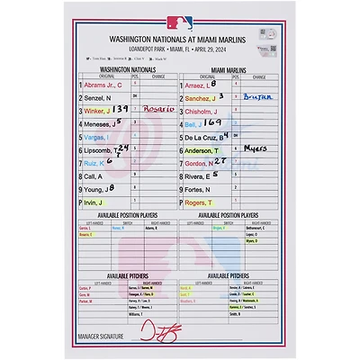 Washington Nationals Game-Used Lineup Card vs. Miami Marlins on April 29, 2024