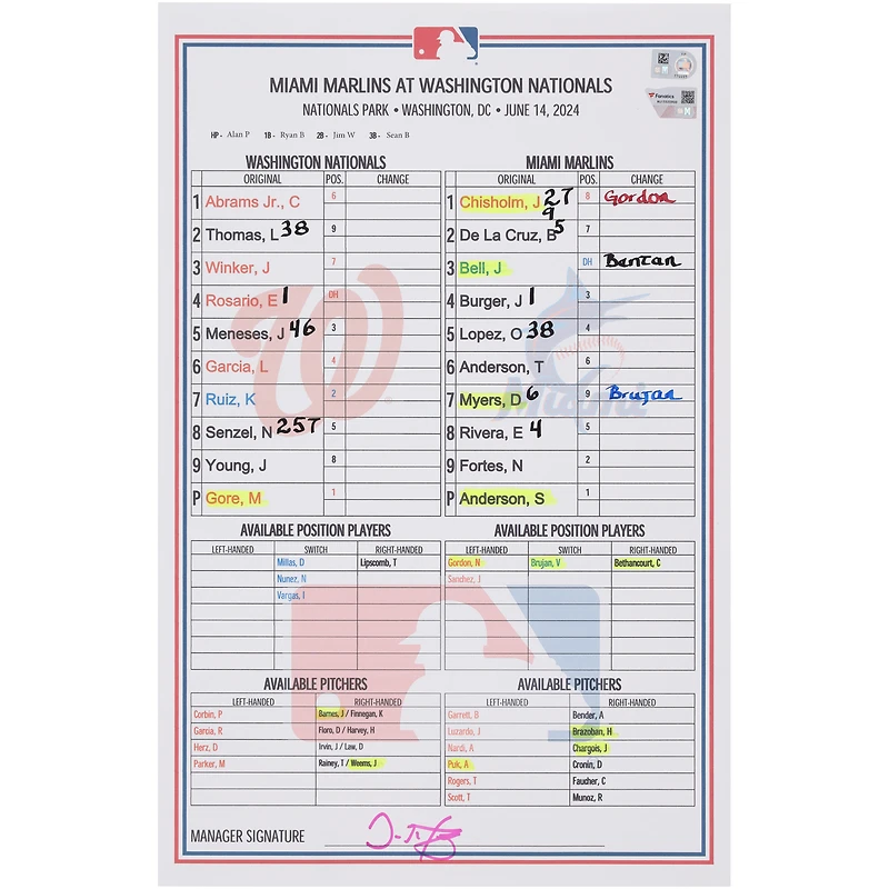  Washington Nationals Game-Used Lineup Card vs. Miami Marlins on June 14, 2024
