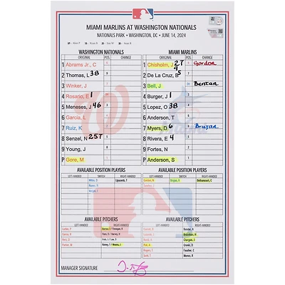  Washington Nationals Game-Used Lineup Card vs. Miami Marlins on June 14, 2024