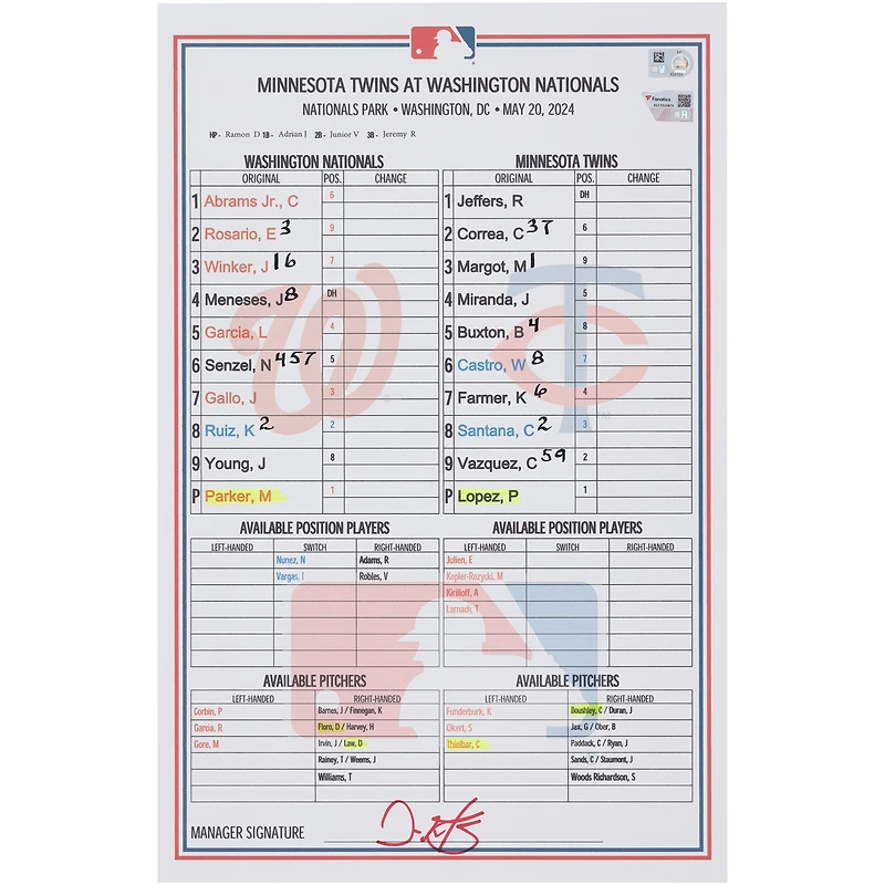  Washington Nationals Game-Used Lineup Card vs. Minnesota Twins on May 20, 2024
