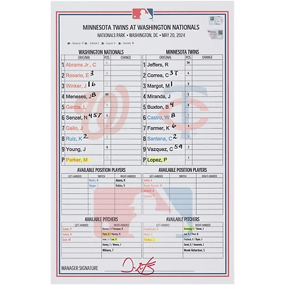  Washington Nationals Game-Used Lineup Card vs. Minnesota Twins on May 20, 2024