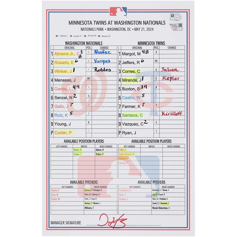  Washington Nationals Game-Used Lineup Card vs. Minnesota Twins on May 21, 2024