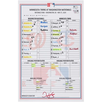  Washington Nationals Game-Used Lineup Card vs. Minnesota Twins on May 21, 2024