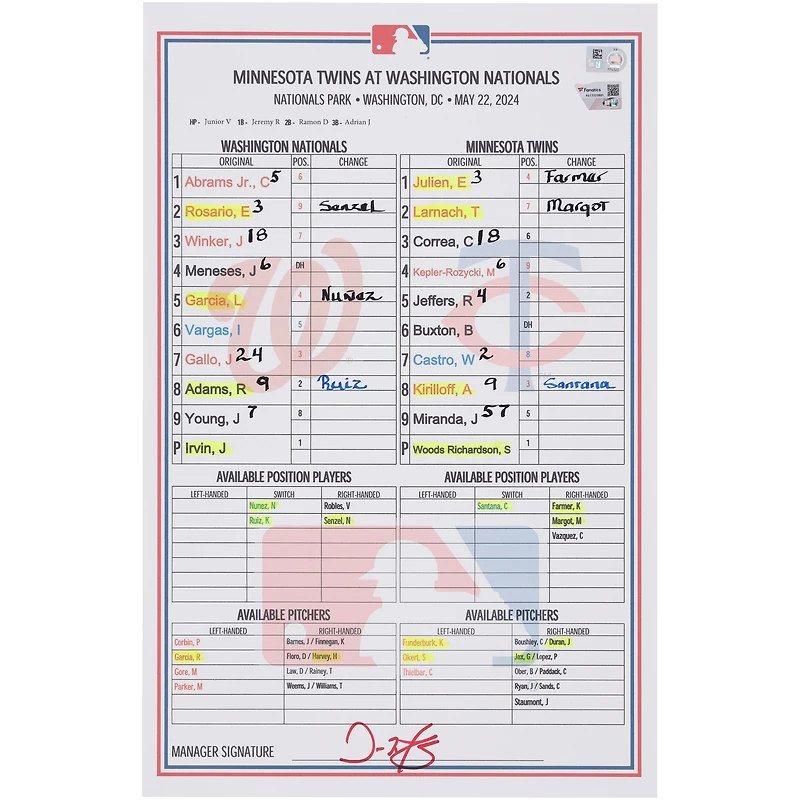  Washington Nationals Game-Used Lineup Card vs. Minnesota Twins on May 22, 2024