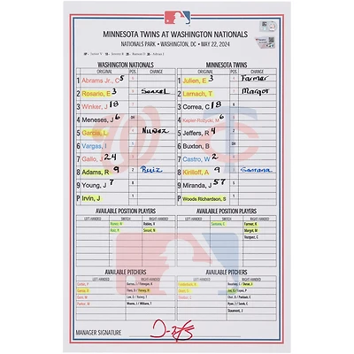  Washington Nationals Game-Used Lineup Card vs. Minnesota Twins on May 22, 2024