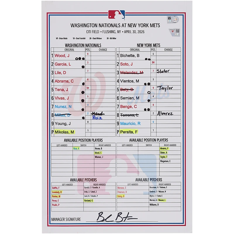 Washington Nationals Game-Used Lineup Card vs. New York Mets on April 30, 2026