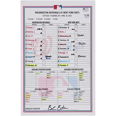 Washington Nationals Game-Used Lineup Card vs. New York Mets on April 30, 2026