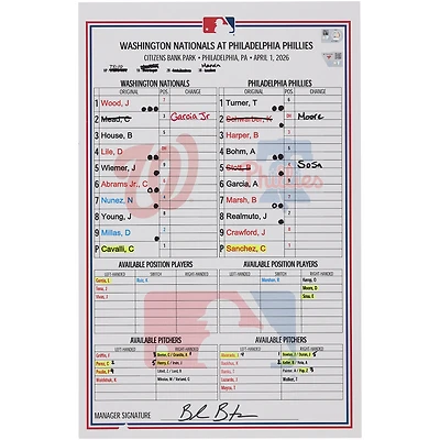 Feuille de composition utilisée par les Washington Nationals lors du match contre les Philadelphia Phillies le 1er avril 2026