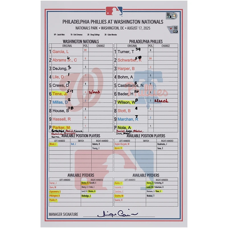 Carte de composition des Nationals de Washington contre les Phillies de Philadelphie, le 17 août 2025
