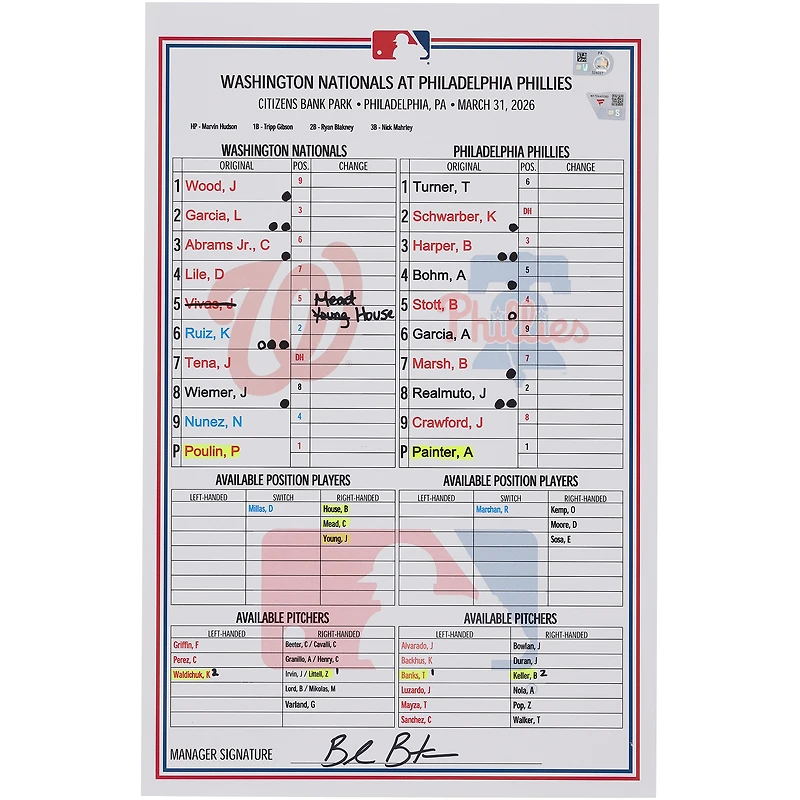 Washington Nationals Game-Used Lineup Card vs. Philadelphia Phillies on March 31, 2026