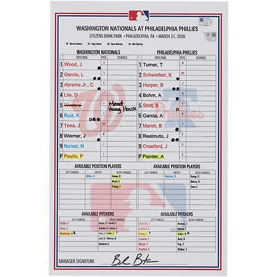 Washington Nationals Game-Used Lineup Card vs. Philadelphia Phillies on March 31, 2026