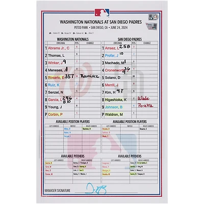  Washington Nationals Game-Used Lineup Card vs. San Diego Padres on June 24, 2024