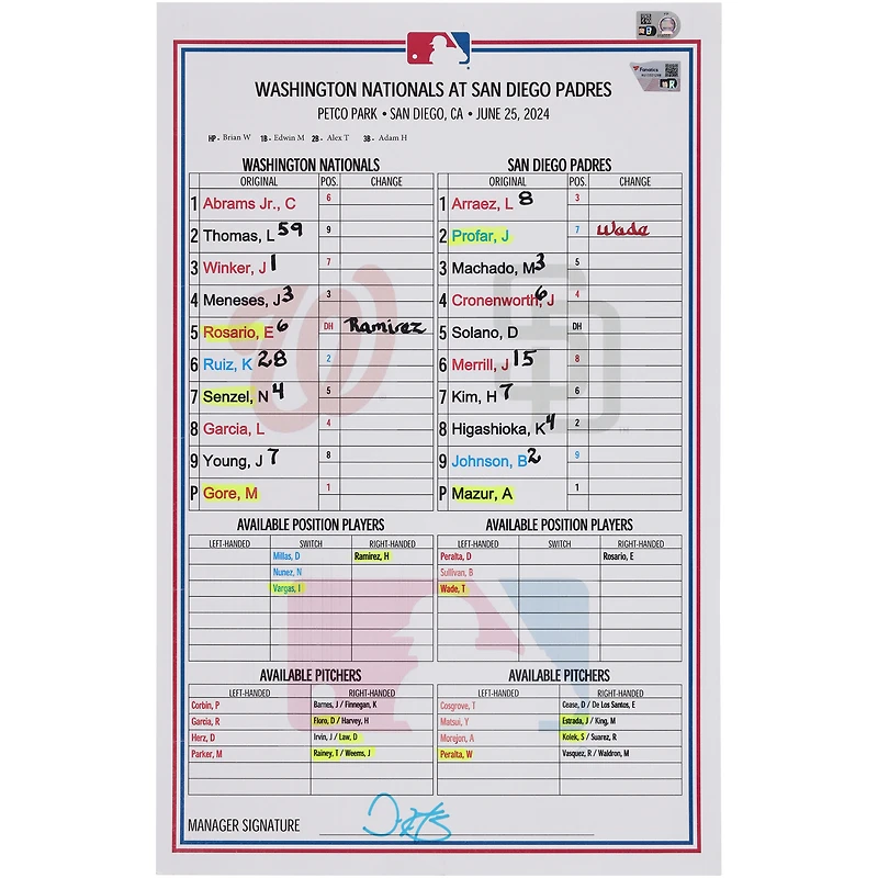  Washington Nationals Game-Used Lineup Card vs. San Diego Padres on June 25, 2024