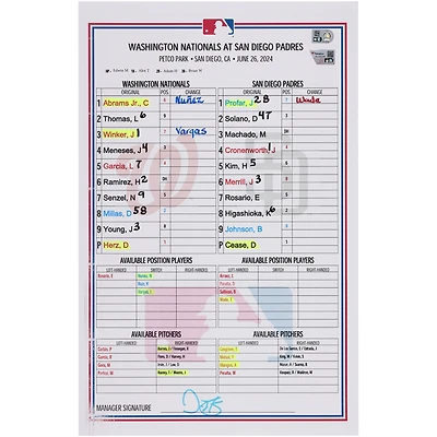 Washington Nationals Game-Used Lineup Card vs. San Diego Padres on June 26, 2024