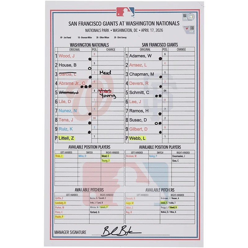 Feuille de composition utilisée par les Washington Nationals lors du match contre les San Francisco Giants le avril 2026