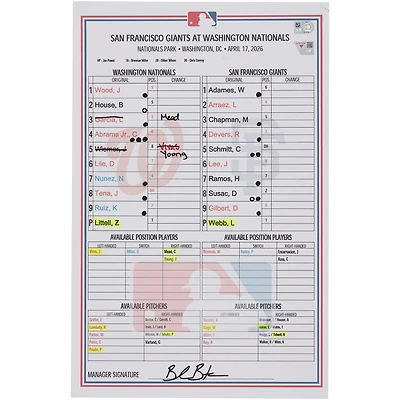 Feuille de composition utilisée par les Washington Nationals lors du match contre les San Francisco Giants le avril 2026