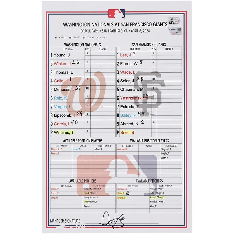Washington Nationals Game-Used Lineup Card vs. San Francisco Giants on April 8, 2024