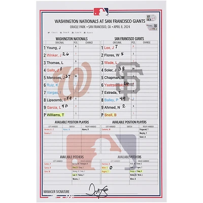 Washington Nationals Game-Used Lineup Card vs. San Francisco Giants on April 8, 2024