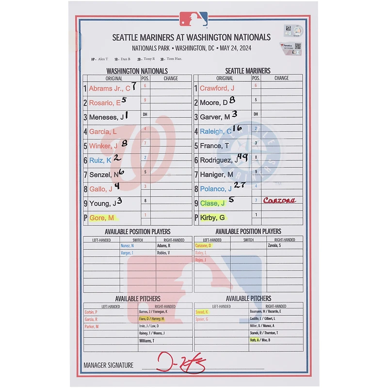 Washington Nationals Game-Used Lineup Card vs. Seattle Mariners on May 24, 2024