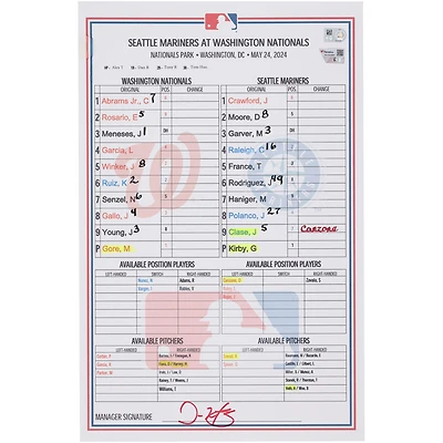  Washington Nationals Game-Used Lineup Card vs. Seattle Mariners on May 24, 2024